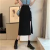 Lace-Up High Waist Split Long Skirts Women Summer Yellow Irregular Black Midi Skirts Korean Fashion Solid Color Streetwear 210619