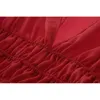 Kvinnor Röd Chiffong Deep V Neck Full Sleeve Top Solid High Street Blouse Long Korean Fall B0189 210514