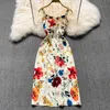 Fransız Tarzı Vintage Çiçek Kayış Elbise kadın Yaz Sundresses Ince Seksi Bodycon Bayanlar Midi Elbiseler Kadın Vestidos 210514