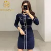 Runway Spring Small Fragrance Knitting Dress Women Splice Single-breasted Long Sleeve Sweater Round Collar 210506