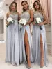 2021 Silver Lace Appliqued Bridesmaid Dress Cheap Long Formal Party Evening Prom Dress Wedding Party Guest Maid of Honor Gown