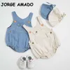Wiosna Baby Boy Bodysuit Bez Rękawów Denim Kombinezon z czapką Urodzony Cute Style Kids Clothes E43 210610