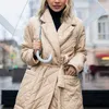 Casaco de Lã Feminino Casual Parka de inverno com estampa de losango Longo Bolsos profundos retos Vento Feminino gola sob medida Roupas femininas + Cinto Roupas acolchoadas de algodão