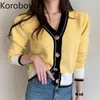 Korobov nya randiga tröjor vintage koreanska stickade höst vinter jumper femme elegant träff färg patchwork super mujer 210430