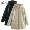 BlingBlingee Za Parkas Frau Casual Onkogene Winter Warm Verdicken Faux PU Leder Gepolsterte Jacke Mit Kapuze Zipper Lange Mantel Mantel 211216