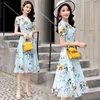 Sweet chiffon small floral bow tie dress fairy summer French niche short-sleeved printing was thin Knee-Length Office Lady 210416