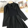 Neploe Fashion Fake Two Piece Patchwork Knit Dress Women Turn Down Collar Long Sleeve Solid Vestidos High Waist Hip A Line Robe 210423