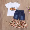 Retail/wholesale girl printed tracksuit Clothing Sets 2pcs set short sleeved top+flared pants girls outfits children Designers Clothes Kids boutique6710574