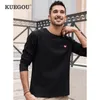 KUEGOU Blended Cotton Autumn Spring Clothing Mens T-shirt Long Sleeve Letter Embroidery Tshirt Top Plus Size White 88130 210524