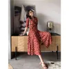 Women Retro Wrap Dress V neck Puff Sleeve Summer Sexy Vintage Chiffon Print Belted Red Party Dresses Elegant Midi Vestidos 210608