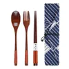 3pcs / set Natural Trä Serveware Set Bambu gaffel Chopsticks Soup Tesked Catering Bestick Set med tygväska Portable Porslin RRD12549