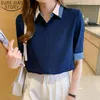 Été en mousseline de soie femmes à manches courtes chemise col polo bleu foncé bouton hauts bureau dame mode vêtements 13922 210417