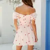 Fleur broderie dentelle robe coton Vintage court Floral Boho été femmes plage rose froncé épaules dénudées 210427