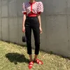 夏の新しいデザイン女性韓国のファッションラブハートプリントニットパフスリーブシンセーターカーディガンニットティー