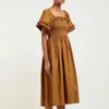 빈티지 튜닉 루칭 드레스 여성용 스퀘어 칼라 짧은 소매 높은 허리 MIDI 핑크 여성 여름 패션 210531