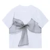 Sweet Patchwork Mesh Bowknot Tops voor Dames O Hals Korte Mouw Koreaanse Zomer Wit T-shirts Vrouwelijke Mode Kleding 210520