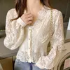 Korean Lace Long Sleeve Shirt Spring Floral Embroidery Women Blouse Fashion Women V Neck Slim Hollow Chiffon Tops 13515 210518