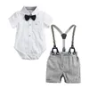 Född baby pojke sommar formell kläder set båge bröllop födelsedag pojkar övergripande kostym vit romer skjorta toddler gentleman outfit 210521