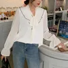 PERHAPS U Women White Black Bow Solid Chiffon Top Shirt Long Sleeve Office Lady Work OL Ruffle B0680 210529
