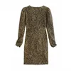 Za Vintage Zwierząt Drukuj Mini Dress Kobiety Długie Rękaw Puff Ramiona Leopard Party Sukienki Chic Asymetryczny Wrap Hem Vestido 210602