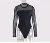 Black Sexy Sheer Bodysuits Women Body Bandage Patchwork Mesh Long Sleeve Hollow Out Skinny Summer Female Going Bodysuit 210517