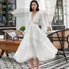 Casual Dresses [EWQ] 2021 Spring Summer European Design Vintage White Boho High Waist Empire Lace Dress Luxury Backless Ladies