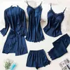 Blauwe zijde pyjama zomer herfst lente 5 stuks set elegante vrouwen pyjama top elastische taille broek lounge nachtkleding homewear 210830