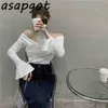Asapgot Seksi Ince Flare Uzun Kollu Mahsul Tops Slash Boyun Pembe Gömlek Kadın Kazaklar Için Kütük Katı Tatlı Kore Chic Vahşi Moda 210610