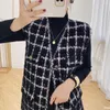 Elegant Gillet Femme Vest Jacka Kvinnor Cardigan Höst Vinter 2021 Lös Houndstooth Stickad Streetwear V-Neck Overcoat Kvinnors Västar