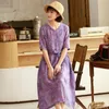Johnature losse print lente zomer vrouwen jurk vintage v-hals vrouwen kleding paarse vrijetijdsconcise dames jurken 210521