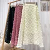 Vintage katoen linnen bloem pluizige rok zomer elastische taille midden-lengte stroomde mesh vrouwen lang s voor 210420