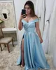Stylish Women Evening Dresses Simple Elegant Light Sky Blue Off Shoulders Ruched High Split Long Prom Party Gowns250B