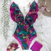 Neueste Sexy Rüschen Drucken Floral Einteiligen Badeanzug Weg Von Der Schulter Bademode Frauen Solide Deep-V Beachwear-badeanzug Monkini