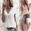 2019 Femmes Blouse Tops Été Top Casual Lâche Manches Courtes Solide Dentelle Col V Blouses En Mousseline De Soie Femme Chemises Gilet Blusa Plus Taille X0521