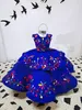 Robes de fille de fleur brodées mexicaines pour mariage enfants robe d'invité de mariage de bébé en satin bleu royal