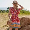 Summer Beach A-Line Print Robe Positionnement Fleur-Breasted Cross Tie Noeud Volants Robe à manches pour femmes Robes Robe 210514