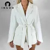 INGOO Lace Up Waist Long Sleeve Lapel Blazers Suit Women Solid Elegant Office Ladies Casual Jacket Coat Fashion Street Outwear 210930