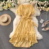 Blommiga klänningar kvinnor sommar sexig v-nacke boho strand klänning kort ärm bandage midja a-line ruffle midi dress wrap sundress robe x0521