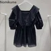 Nomikuma estilo coreano blusa mulheres slim cintura v neck slow sleeve camisas lace patchwork chique tops verão blusas mujer 210514