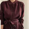 Robe chemise pour femmes Vintage manches longues automne lâche lacets à simple boutonnage col montant Dres robes mince manteau 210514