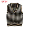 Tangada Women 2021 Fashion Jacquard Check Knitted Vest Sweater Vintage V Neck SleevelFemale Waistcoat Chic Tops BE454 X0721