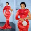 Women's Long Satin O Neck One Shoulder Full Sleeve Bridal Evening Gown Lace Appliques Sequined Mermaid Prom Robe