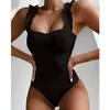 Vintage maillot de bain femmes à volants sangle maillots de bain femme Push Up Monokini rembourré plage maillots de bain noir body 210702