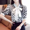 Polyester Beyaz Bluzlar Gömlek Yaz Yay Boyun Polka Dot Şifon Kadın Gevşek Baskılı Şişirilmiş Kollu 118C 210420