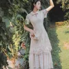Elegante korte mouw enkellange beige kanten jurk zomer maxi lange vrouwen vrouwelijke vestidos fit en flare 210603