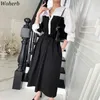 Vrouwen jurk Turn Down Collar Single-Breasted Contrast Kleur Patchwork Jurken Koreaanse elegante Slanke Puff Sleeve Ropa Mujer 210519