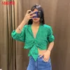 Tangada Women Retro Green Embroidery Romantic Bow Crop Blouse Shirt Three Quarter Sleeve Chic Female Shirt Tops 6H54 210609