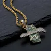 Hip Hop Green CZ Cubic Zirconia Pave Bling Ice Out Flying Dollar Money Pendants Necklace for Men Rapper Jewelry Drop Shipping X0707