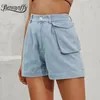 Casual Pockets High Waist Shorts Women Summer Streetwear Button Fly Wash Short Jeans Woman Chic Straight Denim 210510