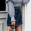 Patchwork A-ligne bouton femmes jeans taille haute poche femme mini jupes décontracté streetwear dames jupe courte 210414